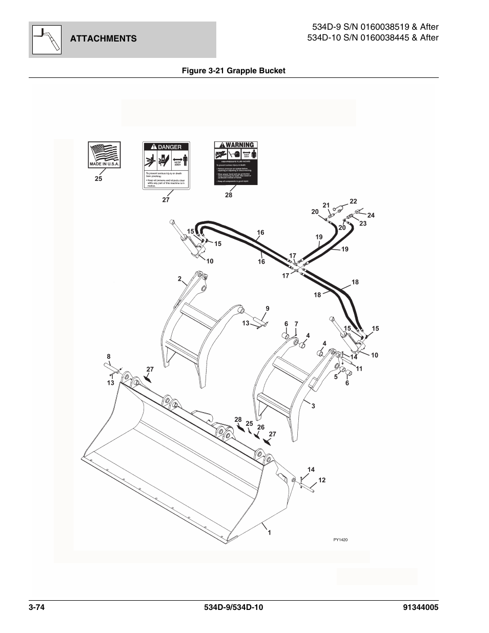 Figure 3-21 grapple bucket, Grapple bucket -74 | JLG 534D-10 Parts Manual User Manual | Page 138 / 842