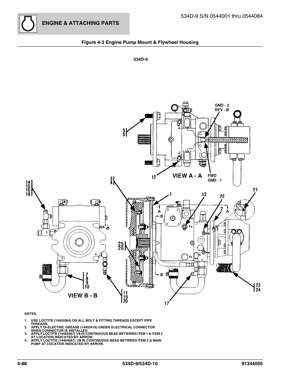 Figure 4-3 engine pump mount & flywheel housing, Engine pump mount & flywheel housing -88, Figure 4-3) | Items on figure 4-3), Figure 4-3 & fig, Ems on figure 4-3, Engine & attaching parts | JLG 534D-10 Parts Manual User Manual | Page 238 / 842