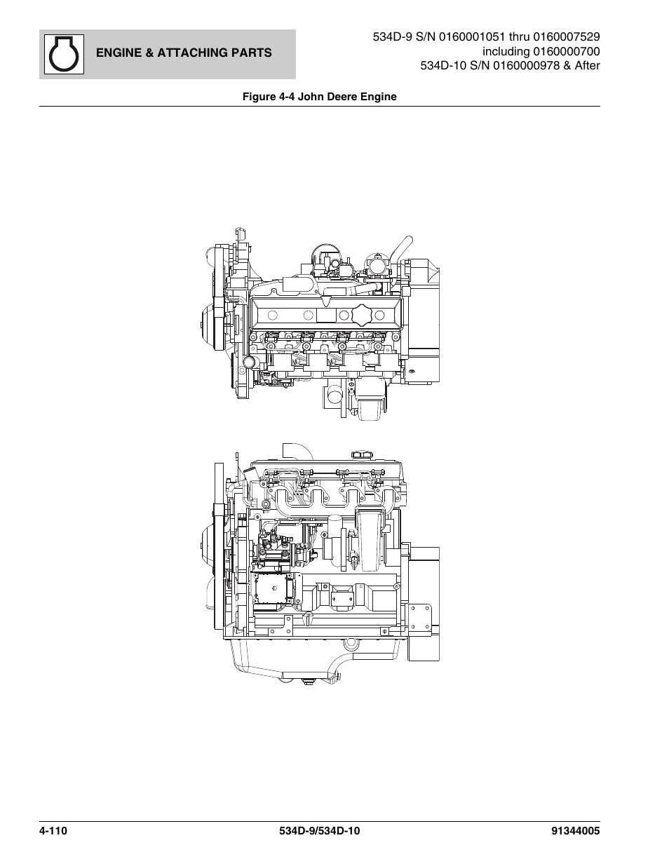 Figure 4-4 john deere engine, John deere engine -110, Deere engine, 110 hp, (see figure 4-4 for details) | Deere engine, 115 hp, (see figure 4-4 for details), Ure 4-4) | JLG 534D-10 Parts Manual User Manual | Page 260 / 842
