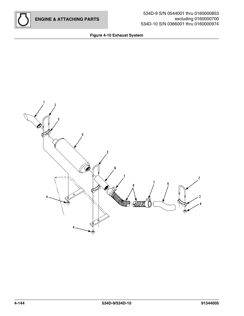 Figure 4-10 exhaust system, Exhaust system -144, St tube, (see figure 4-10 for details) | Uffler clamp, (see figure 4-10 for details), Tube, See figure 4-10 for details), Iberglass sleeve, (see figure 4-10 for details), T, (see figure 4-10 for details) | JLG 534D-10 Parts Manual User Manual | Page 294 / 842