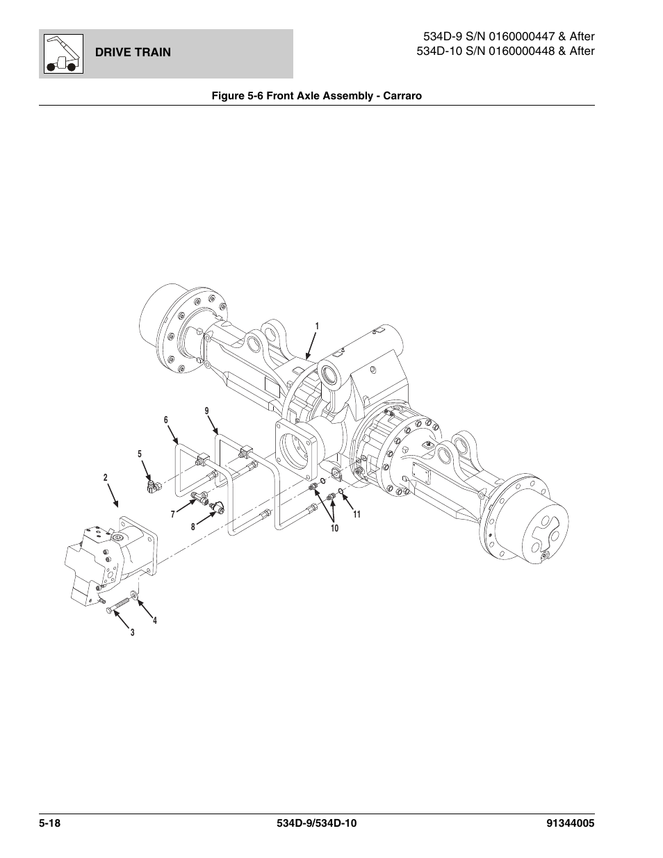 Figure 5-6 front axle assembly - carraro, Front axle assembly - carraro -18 | JLG 534D-10 Parts Manual User Manual | Page 318 / 842