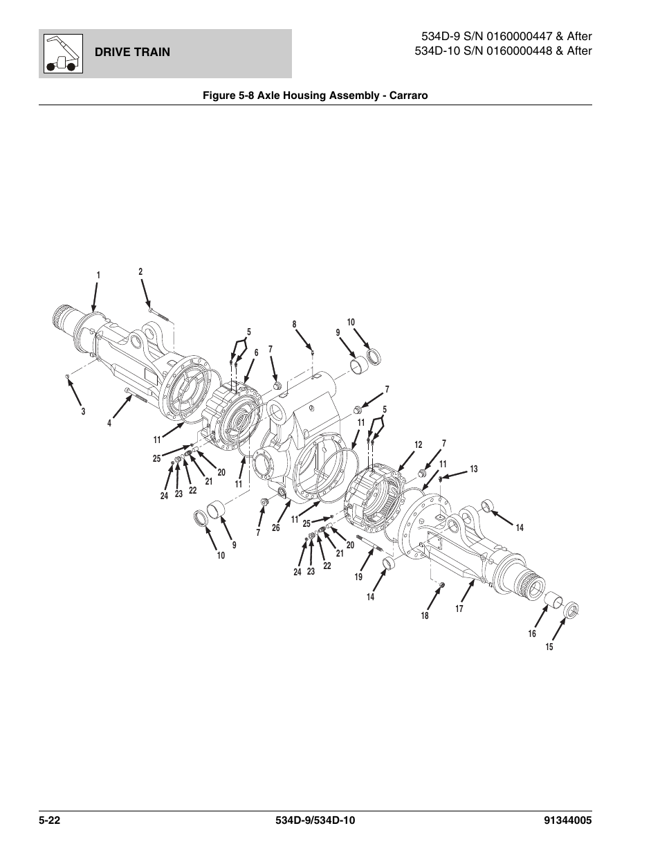 Figure 5-8 axle housing assembly - carraro, Axle housing assembly - carraro -22, Housing assy, (see figure 5-8 for details) | JLG 534D-10 Parts Manual User Manual | Page 322 / 842