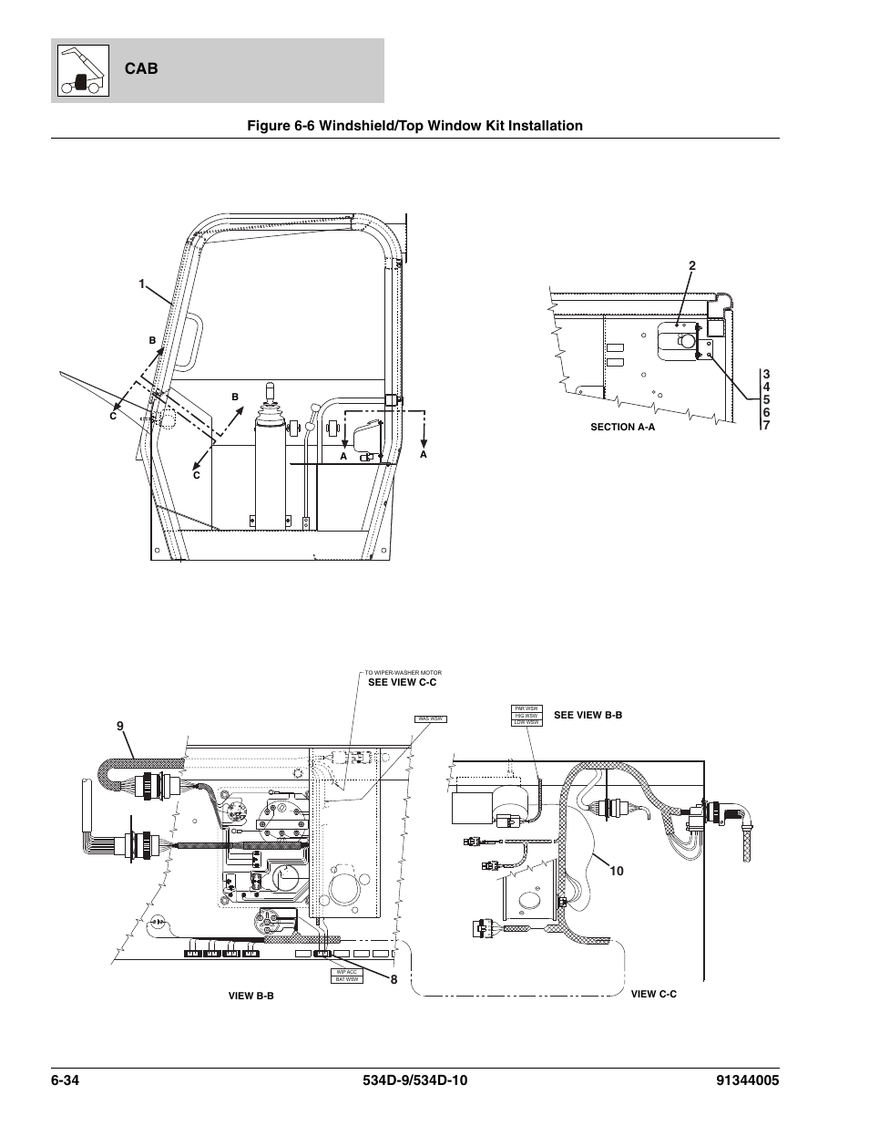 Figure 6-6 windshield/top window kit installation, Windshield/top window kit installation -34, Gnd lt oil +12v fuel temp gro | Ign acc acc bat ba t ign st | JLG 534D-10 Parts Manual User Manual | Page 374 / 842