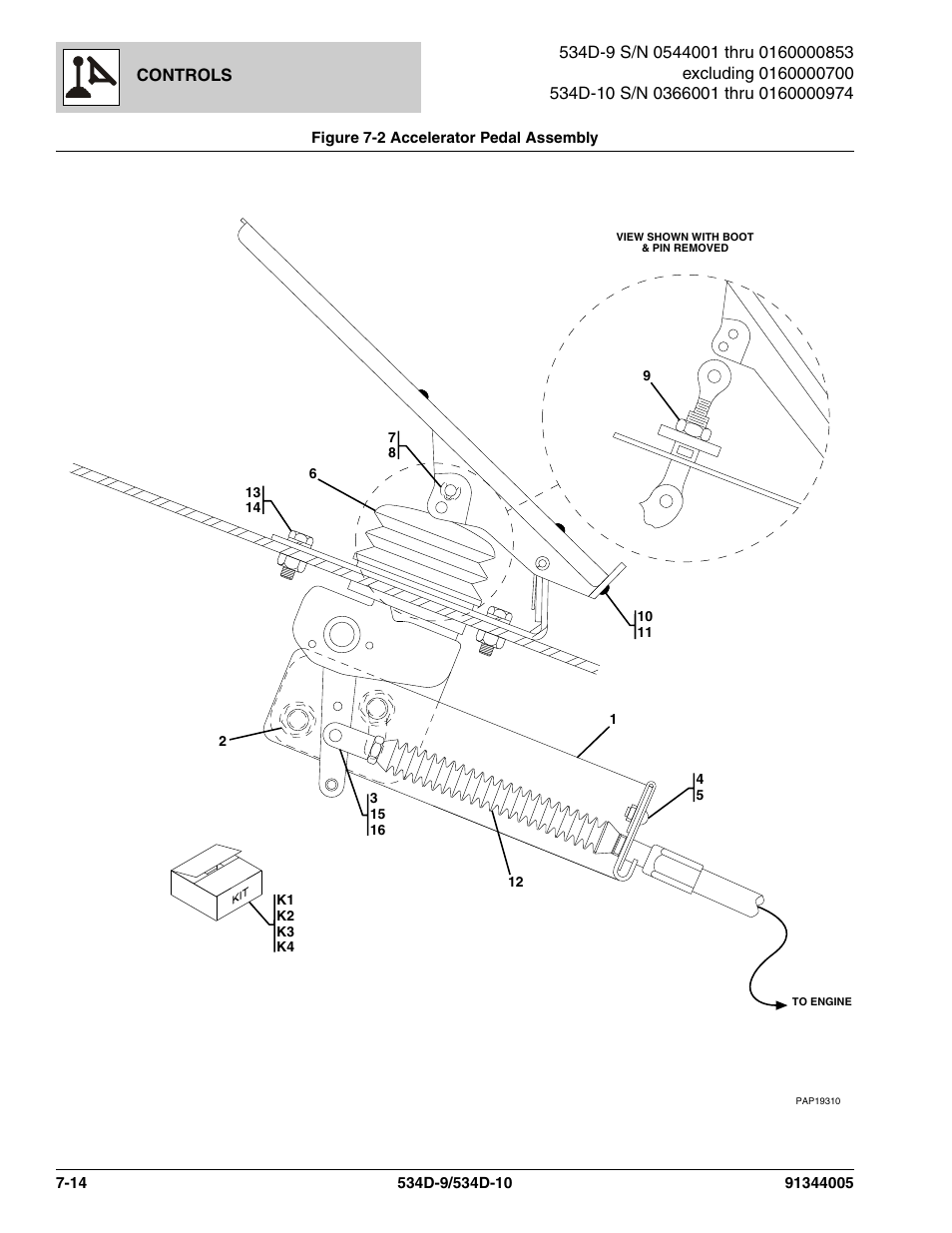 Figure 7-2 accelerator pedal assembly, Accelerator pedal assembly -14, L assy, (see figure 7-2 for details) | JLG 534D-10 Parts Manual User Manual | Page 394 / 842