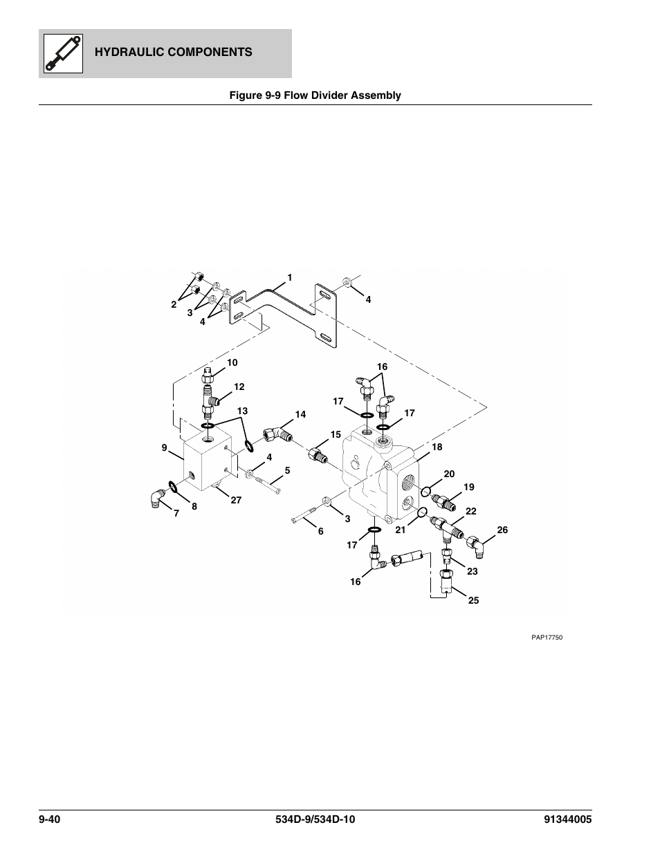 Figure 9-9 flow divider assembly, Flow divider assembly -40, W divider assy, (see figure 9-9 for details) | W divider, (see figure 9-9 for details) | JLG 534D-10 Parts Manual User Manual | Page 528 / 842