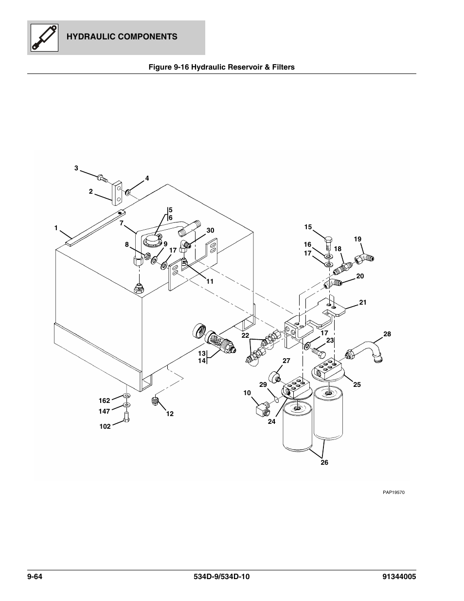 Figure 9-16 hydraulic reservoir & filters, Hydraulic reservoir & filters -64, Oir assy, (see figure 9-16 for details) | G, (see figure 9-16 for details), T, (see figure 9-16 for details), Apter, (see figure 9-16 for details), T), (see figure 9-16 for details), 90 degrees, (see figure 9-16 for details), See figure 9-16 for details) | JLG 534D-10 Parts Manual User Manual | Page 552 / 842