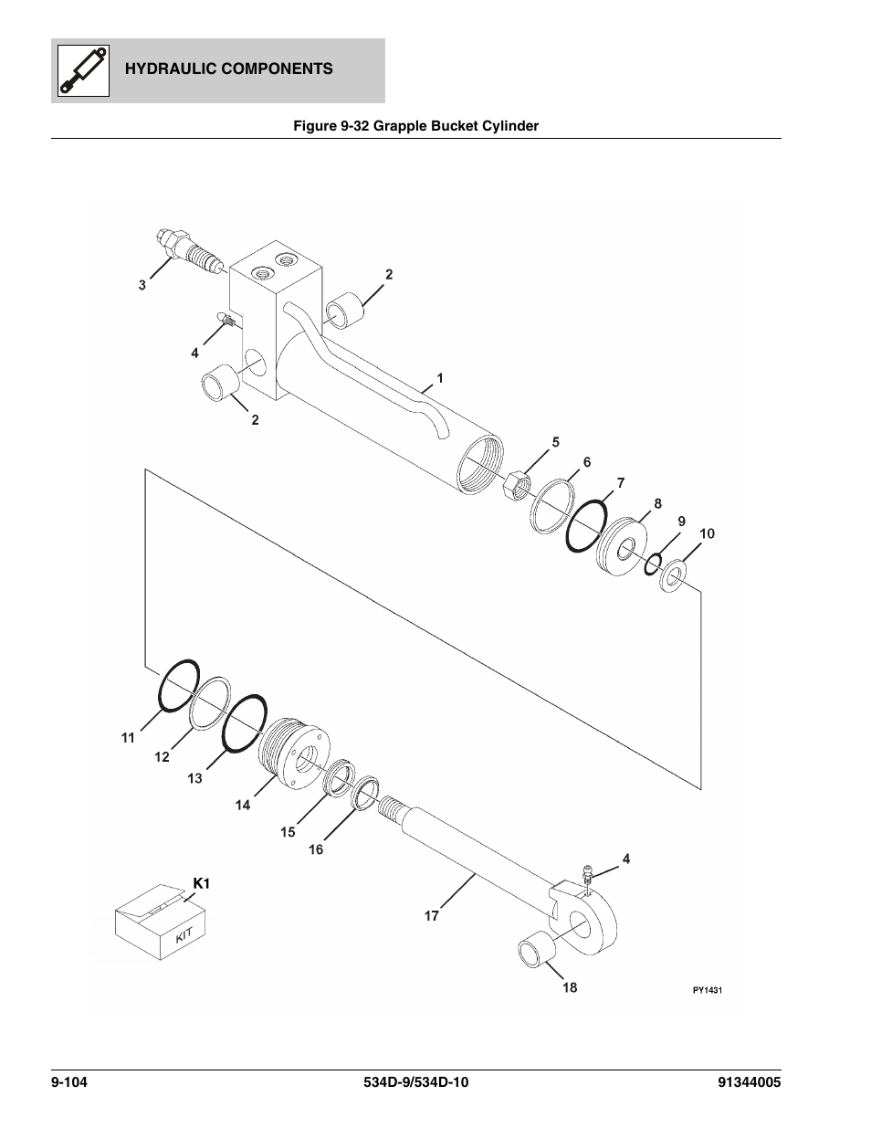 Figure 9-32 grapple bucket cylinder, Grapple bucket cylinder -104 | JLG 534D-10 Parts Manual User Manual | Page 592 / 842