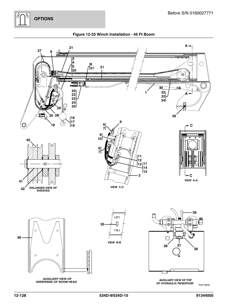 Figure 12-33 winch installation - 45 ft boom, Winch installation - 45 ft boom -128, Options | JLG 534D-10 Parts Manual User Manual | Page 788 / 842