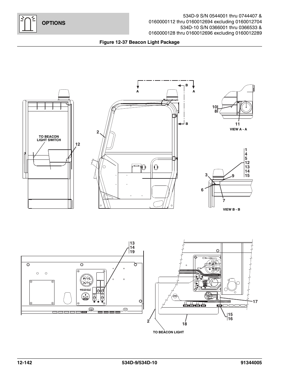 Figure 12-37 beacon light package, Beacon light package -142, Options | Acc-c auxl t, Ign acc acc bat ba t ign st | JLG 534D-10 Parts Manual User Manual | Page 802 / 842