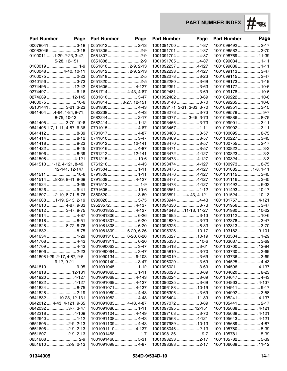 Part number index, Section 14 – part number index -1 | JLG 534D-10 Parts Manual User Manual | Page 819 / 842