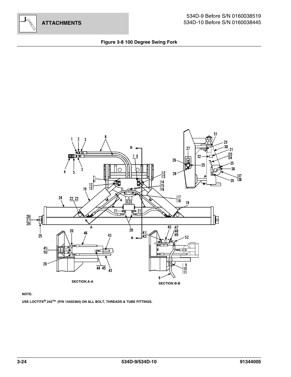 Figure 3-8 100 degree swing fork, 100 degree swing fork -24, Attachments | JLG 534D-10 Parts Manual User Manual | Page 88 / 842