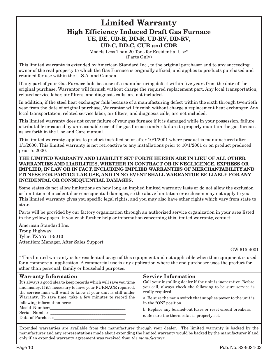 Limited warranty, High efficiency induced draft gas furnace | American Standard Noncondensing Gas Furnaces User Manual | Page 10 / 24