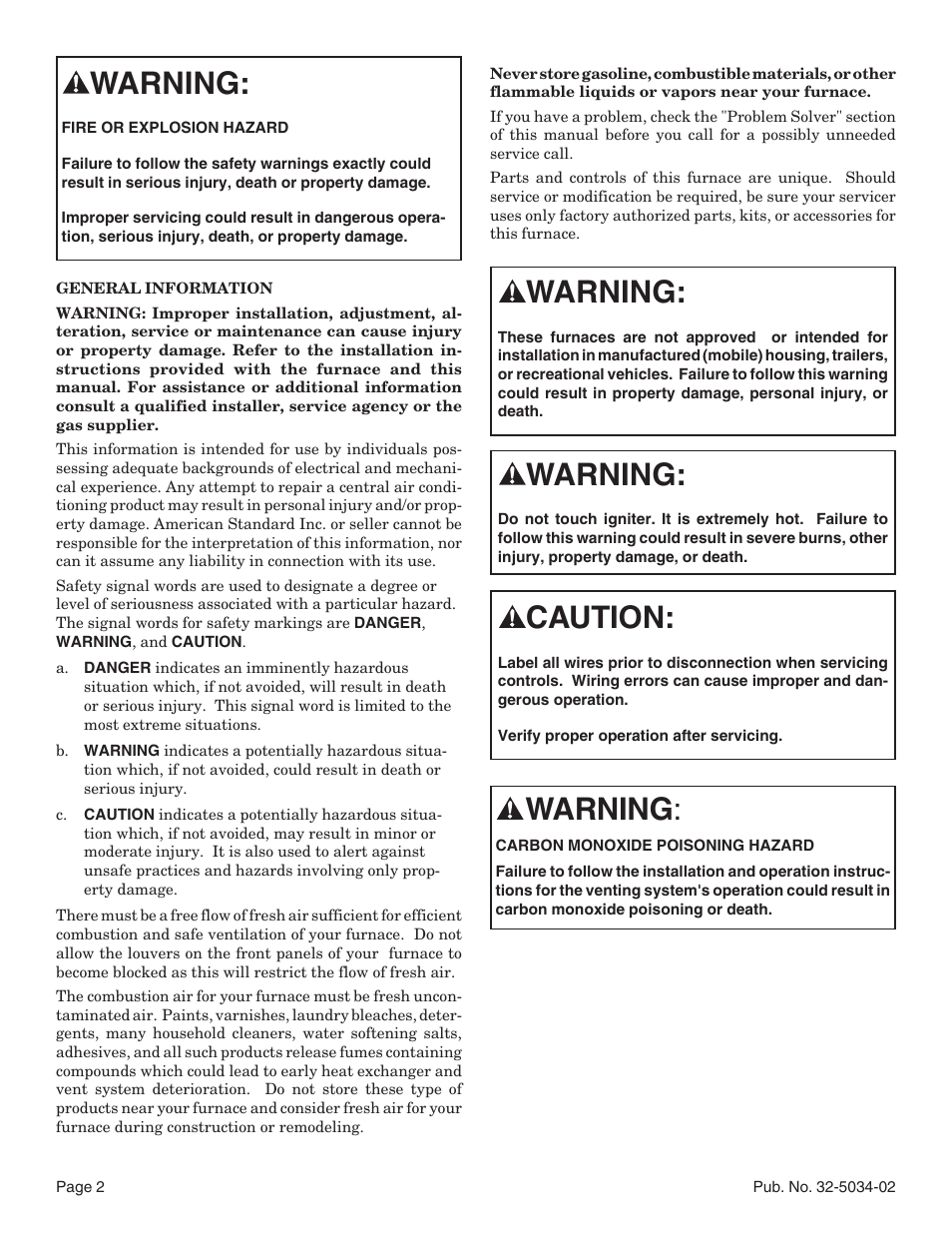 Warning, Caution | American Standard Noncondensing Gas Furnaces User Manual | Page 2 / 24