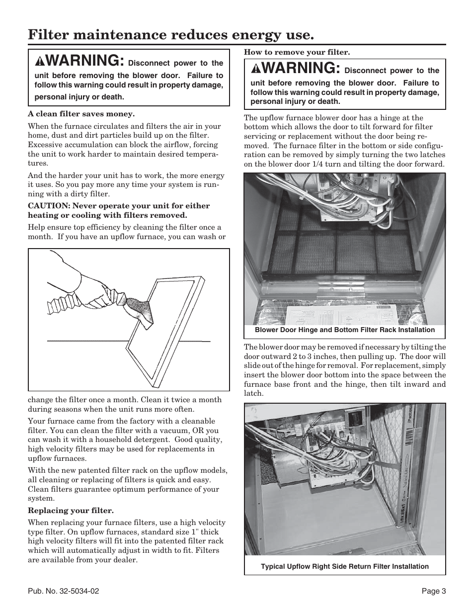 Warning, Filter maintenance reduces energy use | American Standard Noncondensing Gas Furnaces User Manual | Page 3 / 24