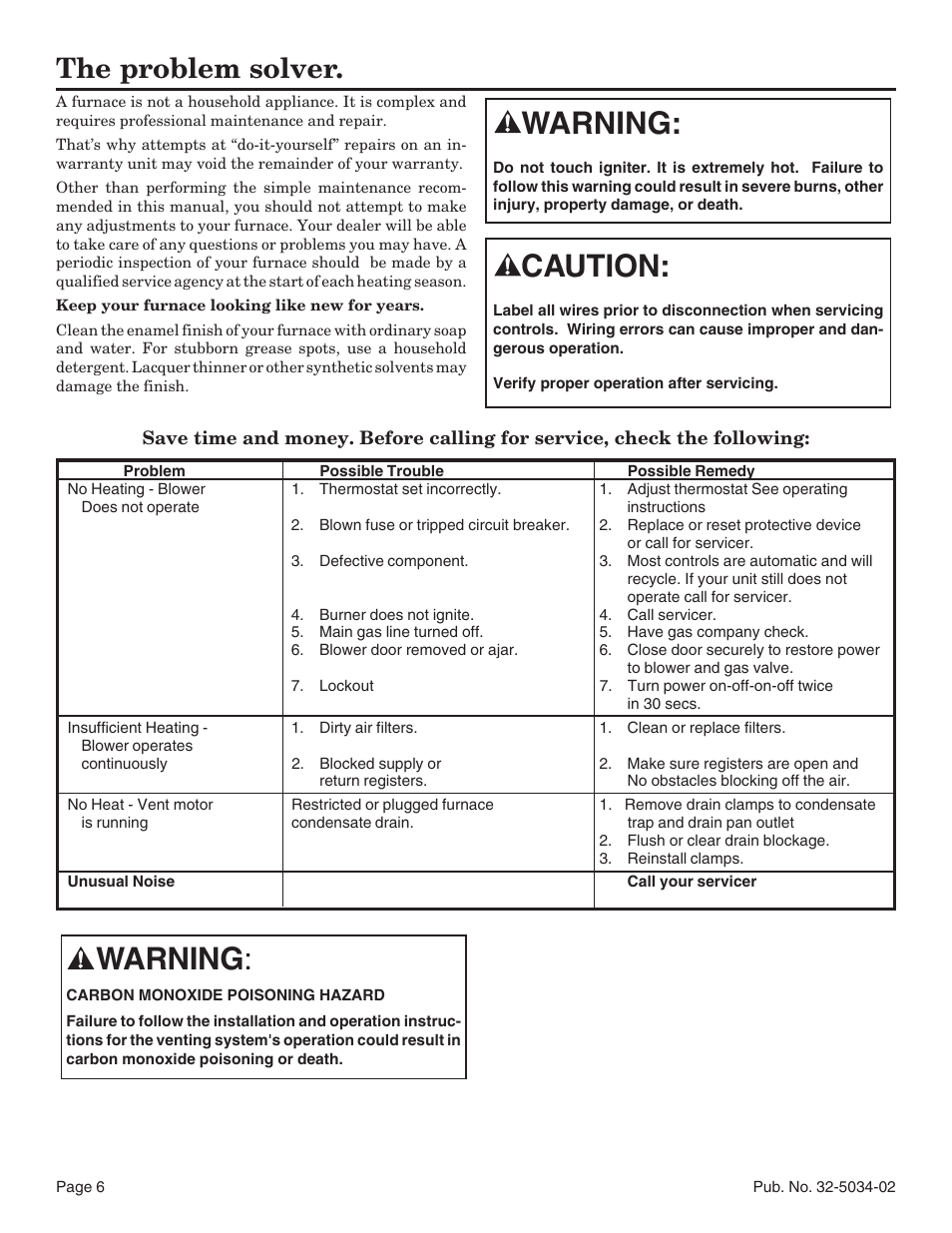 Caution, Warning, The problem solver | American Standard Noncondensing Gas Furnaces User Manual | Page 6 / 24