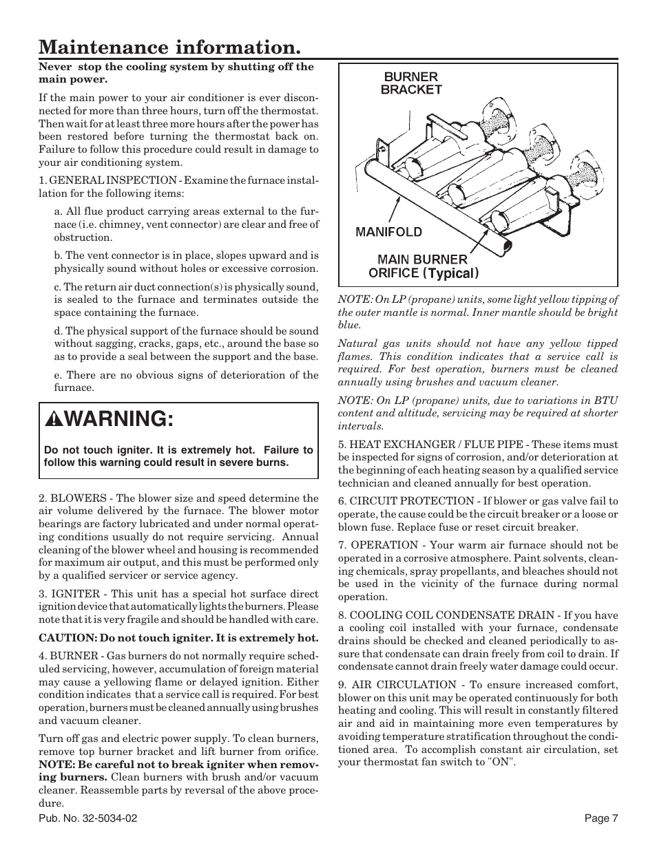 Warning, Maintenance information | American Standard Noncondensing Gas Furnaces User Manual | Page 7 / 24