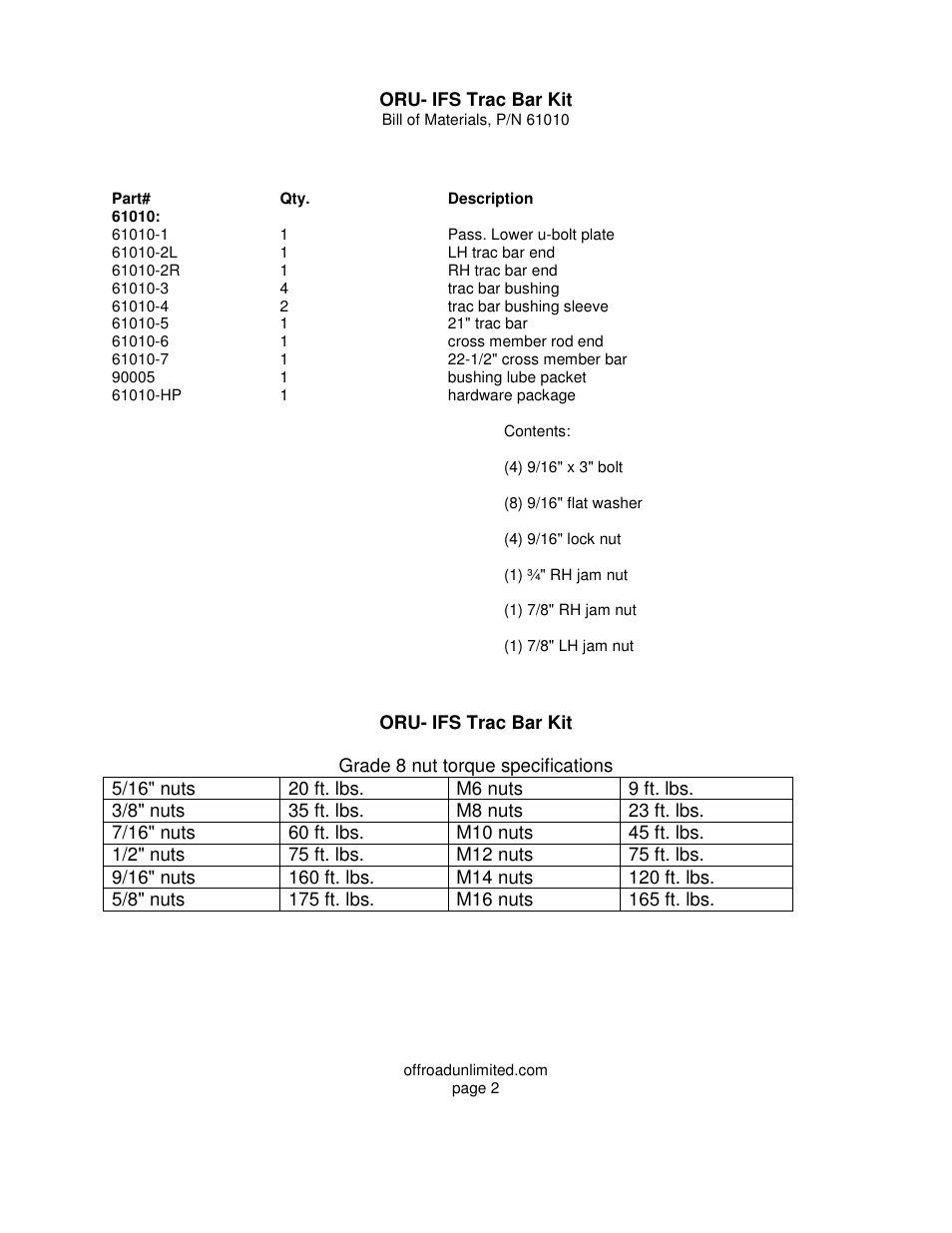 Off Road Unlimited 61010 IFS Track Bar Kit User Manual | Page 2 / 6