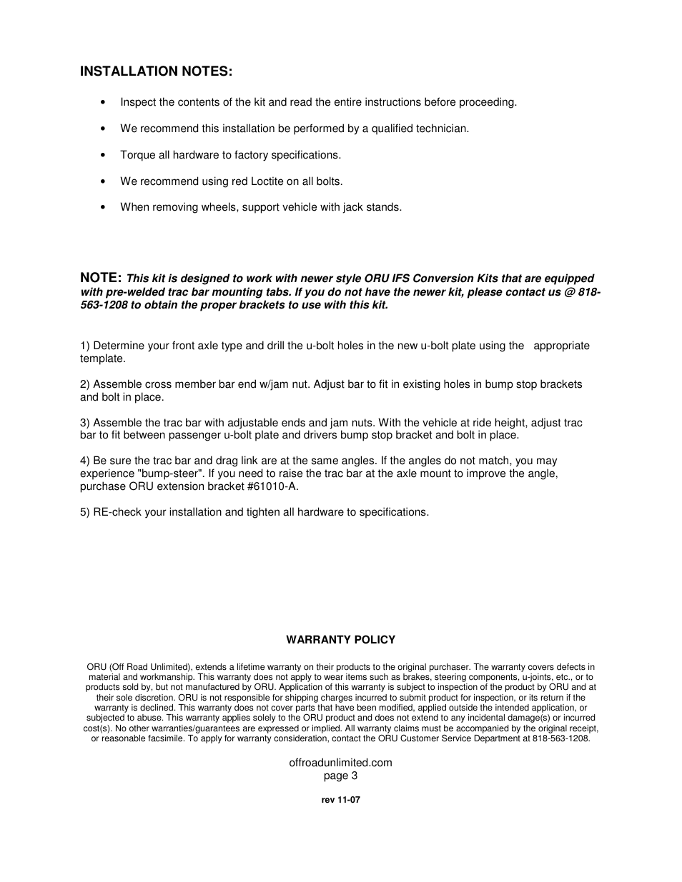 Off Road Unlimited 61010 IFS Track Bar Kit User Manual | Page 3 / 6
