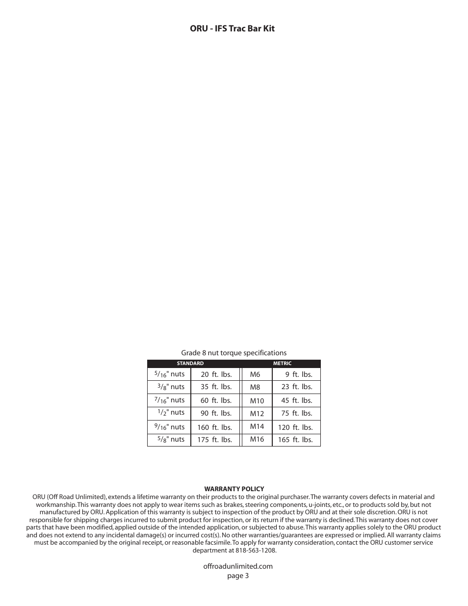 Oru - ifs trac bar kit | Off Road Unlimited 61011 IFS Track Bar Extension Kit User Manual | Page 4 / 4