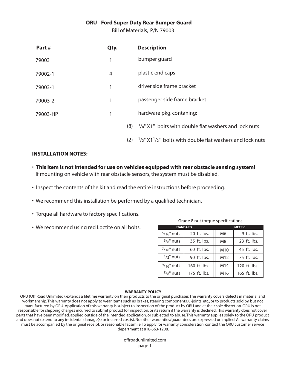 Off Road Unlimited 79003 Defender Series 99-Current Ford Super Duty Rear Bumper Guard User Manual | Page 2 / 3