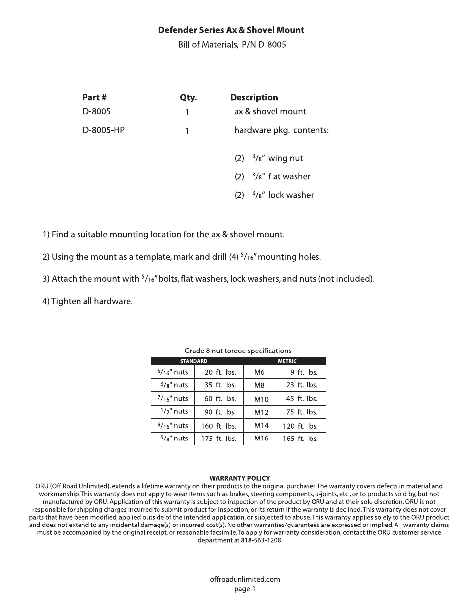 Off Road Unlimited D-8005 Defender Series Ax and Shovel Mount only User Manual | Page 3 / 3