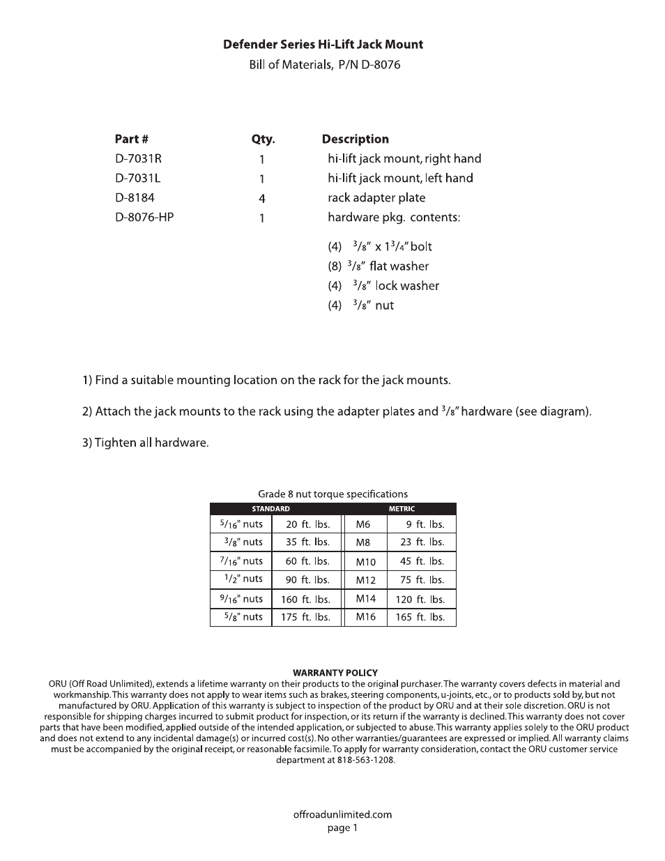 Off Road Unlimited D-8076 Defender Series Hi-Lift Jack Mount for Defender Racks User Manual | Page 3 / 4