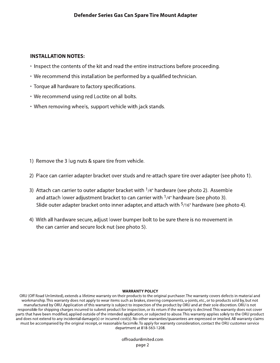 Off Road Unlimited D-8137 Defender Series Gas Can Spare Tire Mount Adapter User Manual | Page 4 / 5