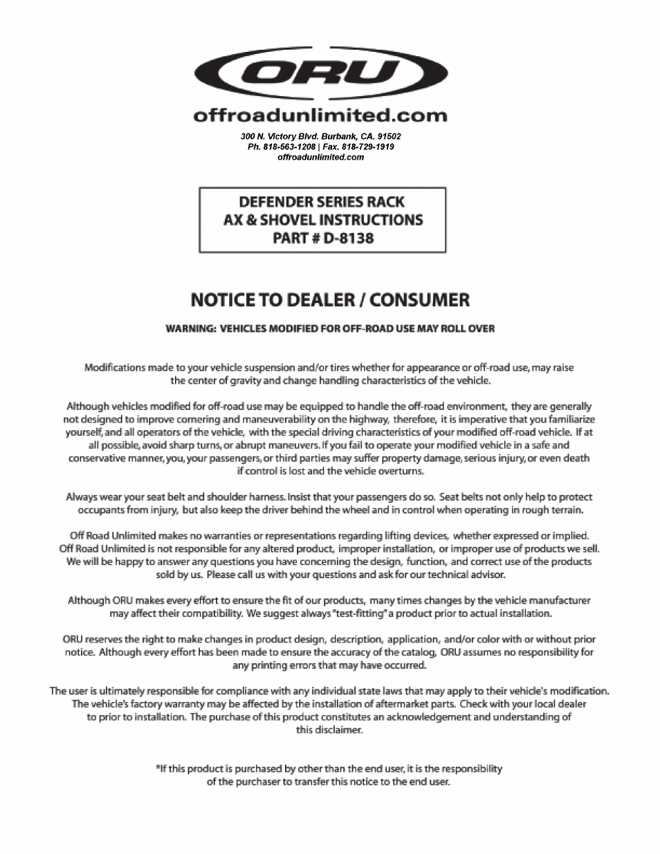 Off Road Unlimited D-8138 Defender Series Ax and Shovel Mount for Defender Racks User Manual | 4 pages