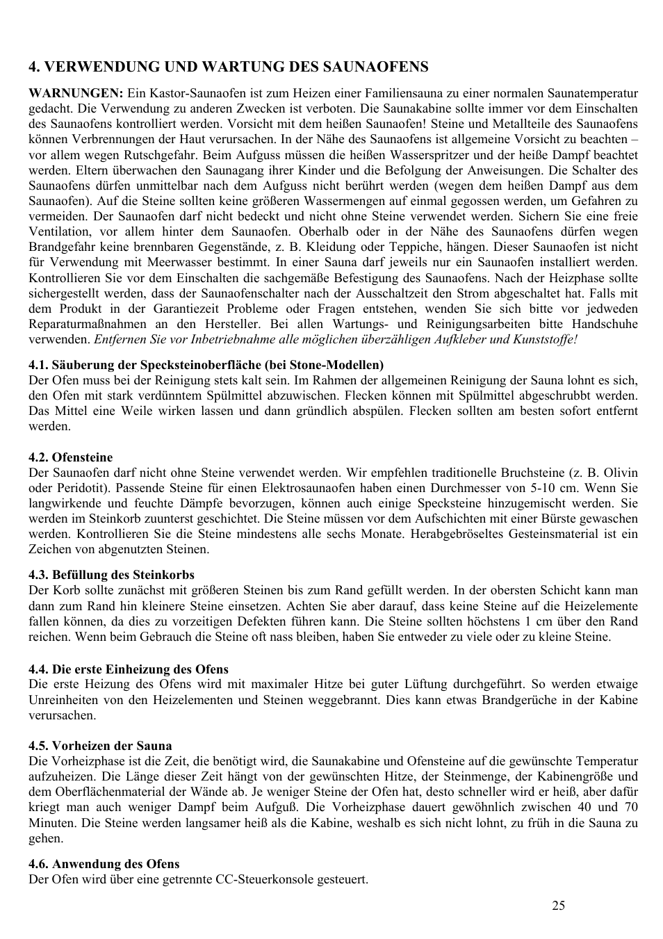 Verwendung und wartung des saunaofens | Kastor Mega-Line Electrical sauna stoves User Manual | Page 25 / 36