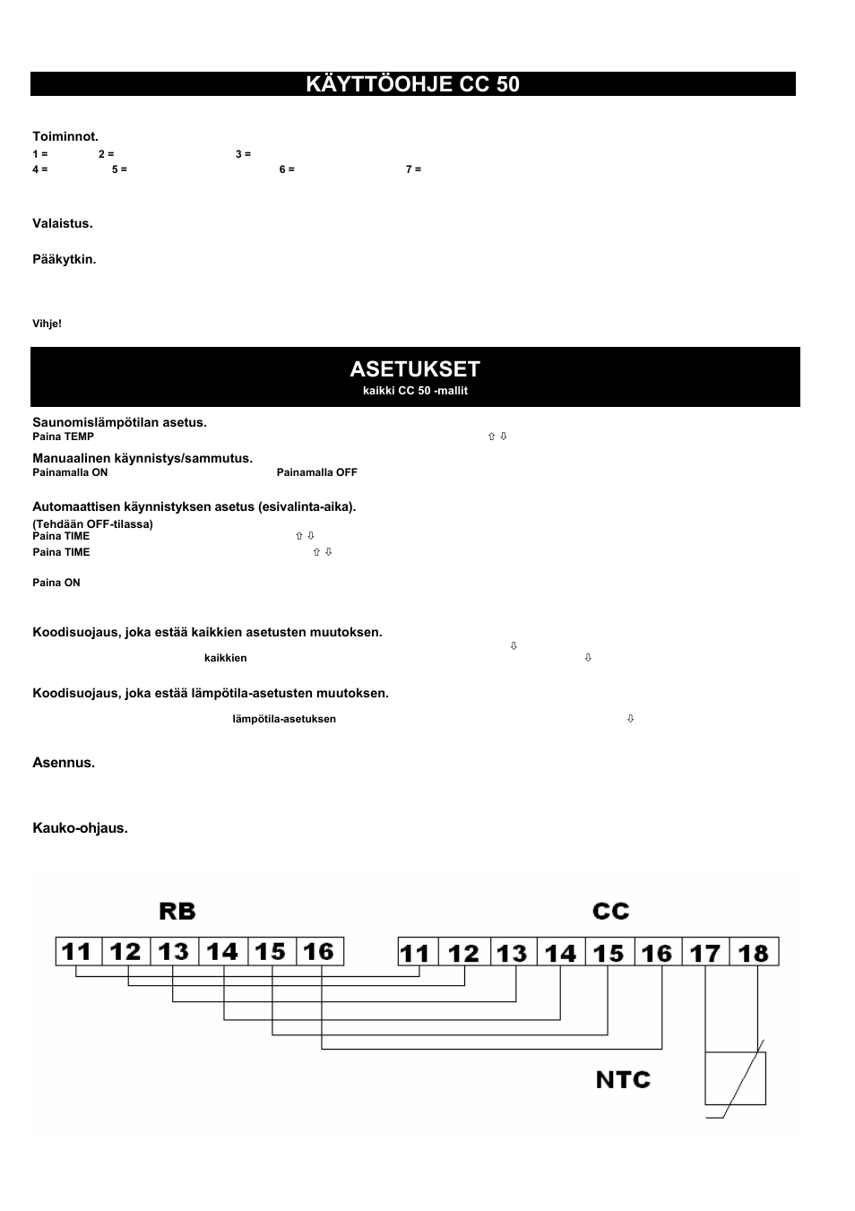 Käyttöohje cc 50, Asetukset | Kastor CC 50 Control panel User Manual | Page 2 / 5