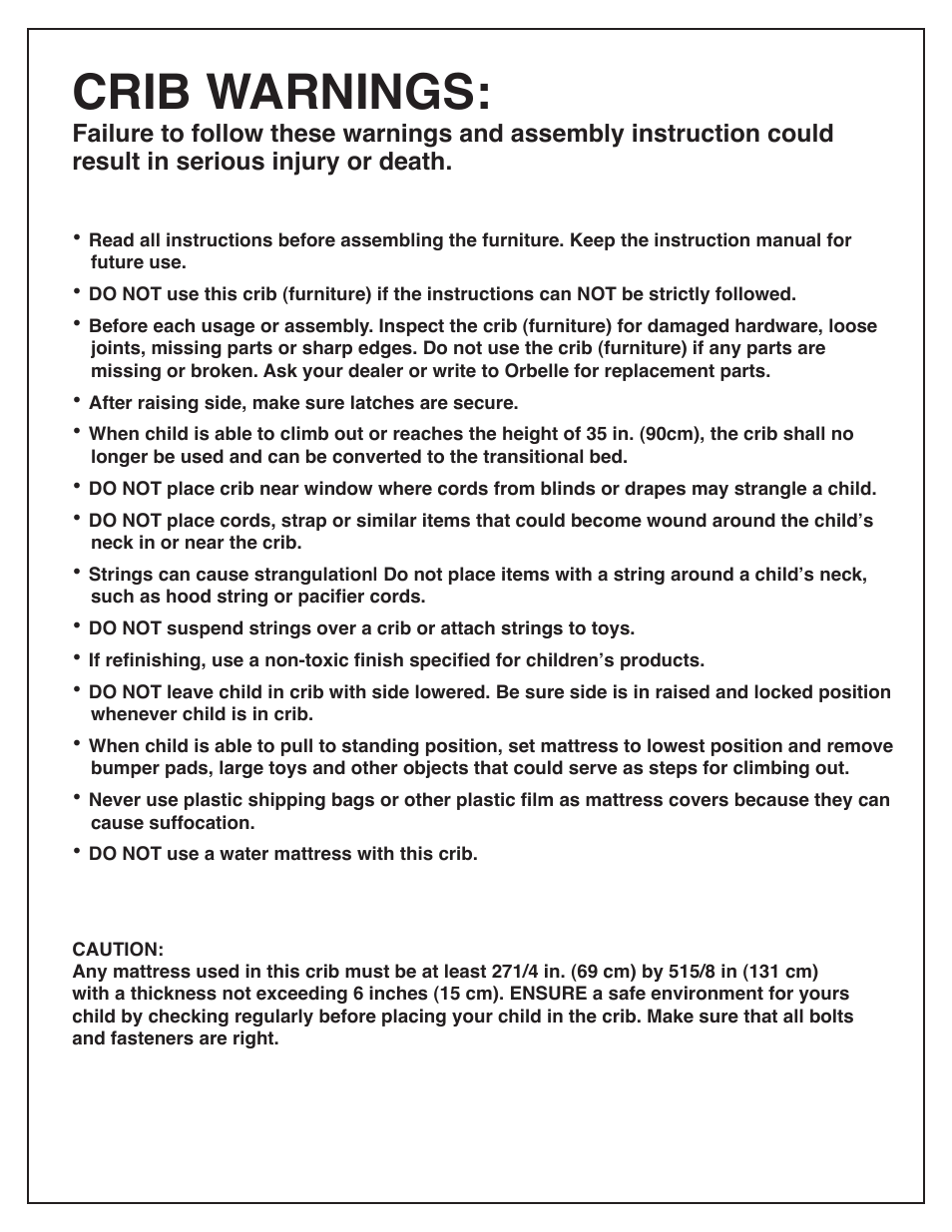 Crib warnings | Orbelle EVA (312) User Manual | Page 10 / 11