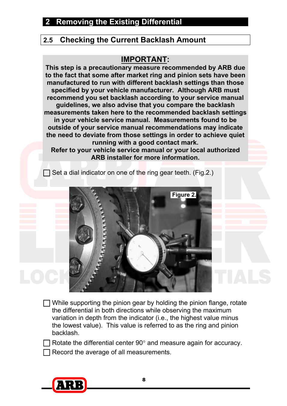 2 removing the existing differential, Checking the current backlash amount, Important | ARB RD153 User Manual | Page 10 / 40