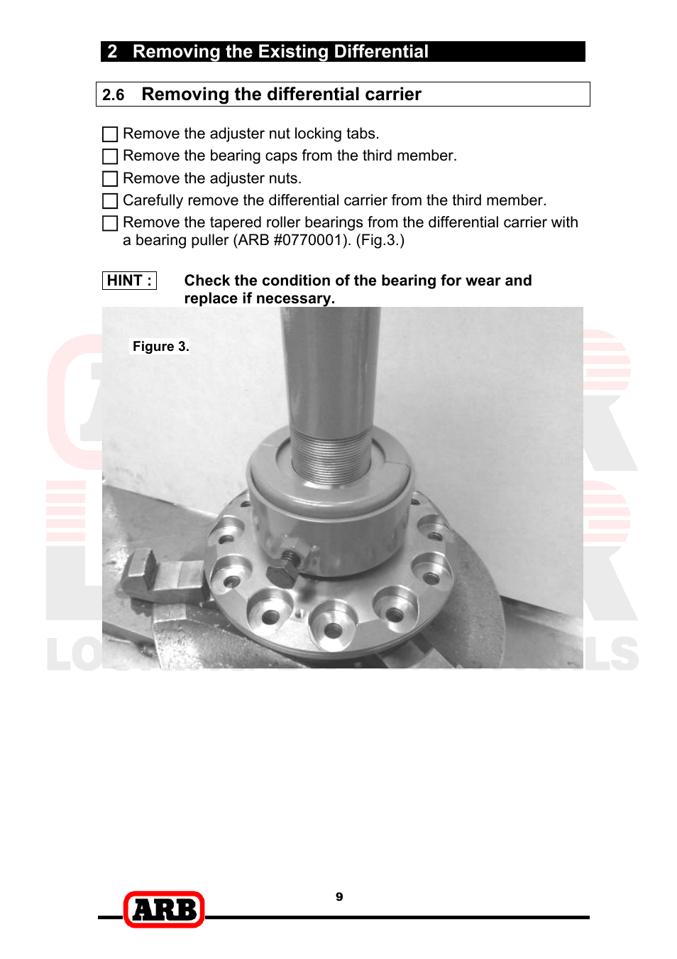 2 removing the existing differential, Removing the differential carrier | ARB RD153 User Manual | Page 11 / 40