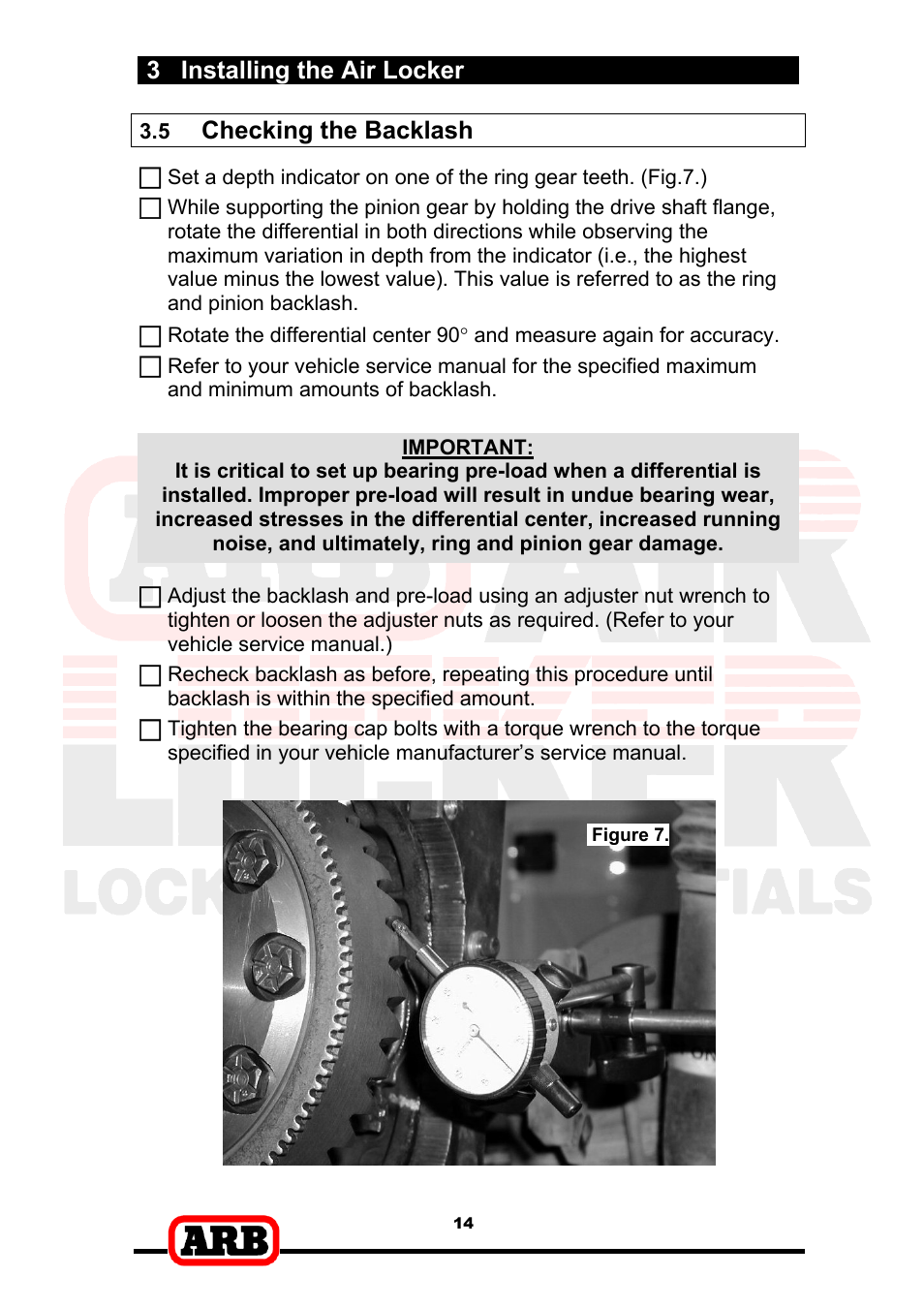 3 installing the air locker, Checking the backlash | ARB RD153 User Manual | Page 16 / 40