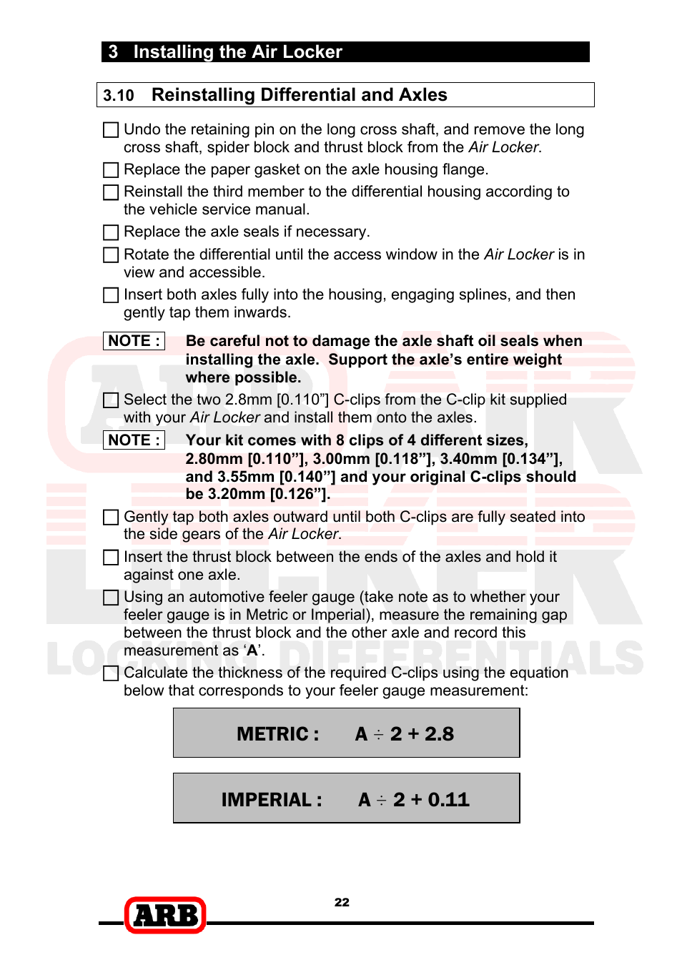 Metric : a ÷ 2 + 2.8, Imperial : a ч 2 + 0.11, 3 installing the air locker | Reinstalling differential and axles | ARB RD153 User Manual | Page 24 / 40