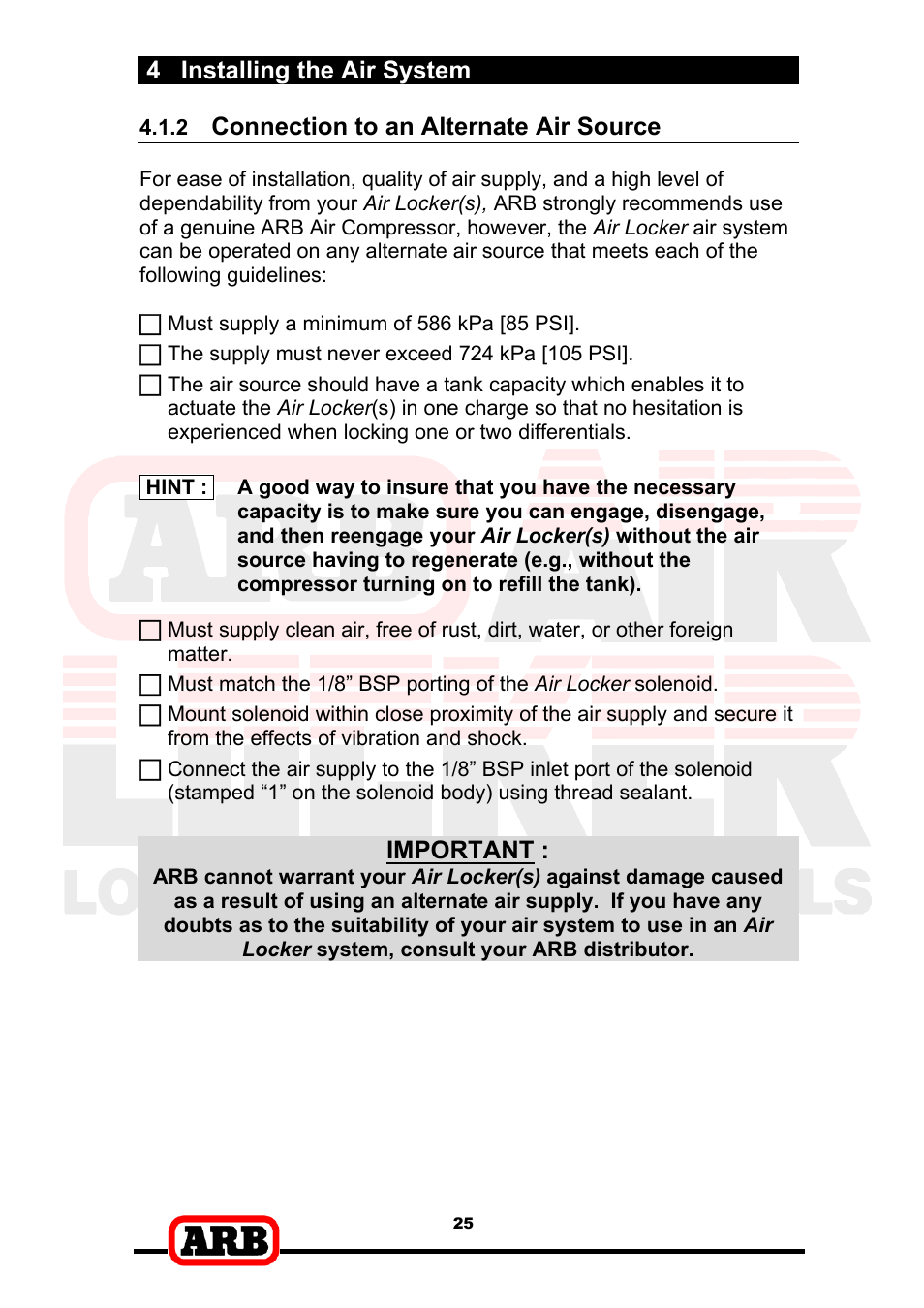 4 installing the air system, Connection to an alternate air source, Important | ARB RD153 User Manual | Page 27 / 40