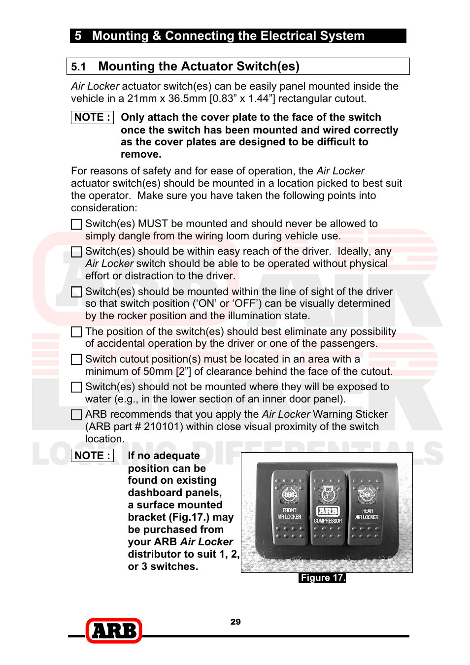 5 mounting & connecting the electrical system, Mounting the actuator switch(es) | ARB RD153 User Manual | Page 31 / 40