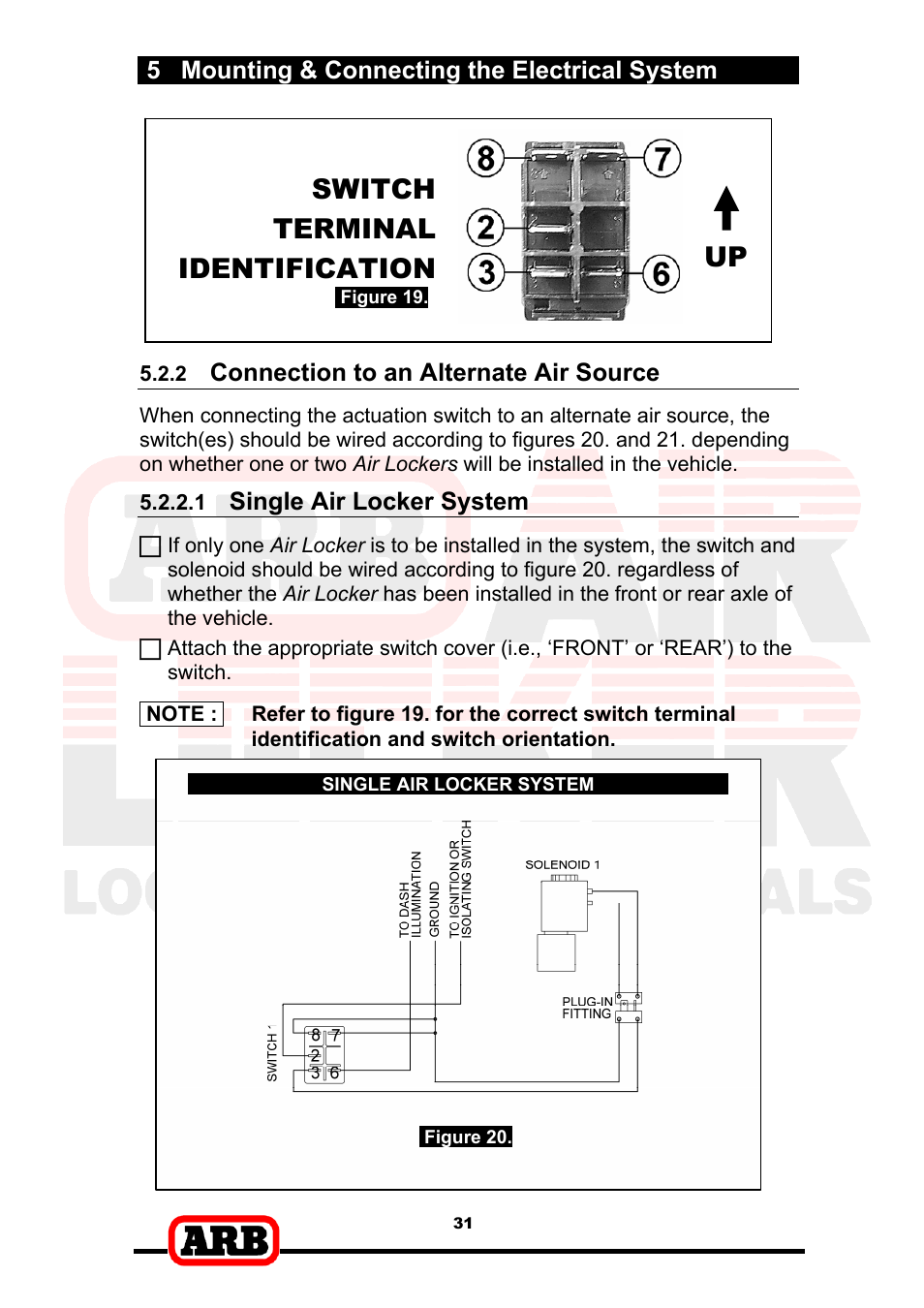 Switch terminal identification, 5 mounting & connecting the electrical system, Connection to an alternate air source | Single air locker system | ARB RD153 User Manual | Page 33 / 40