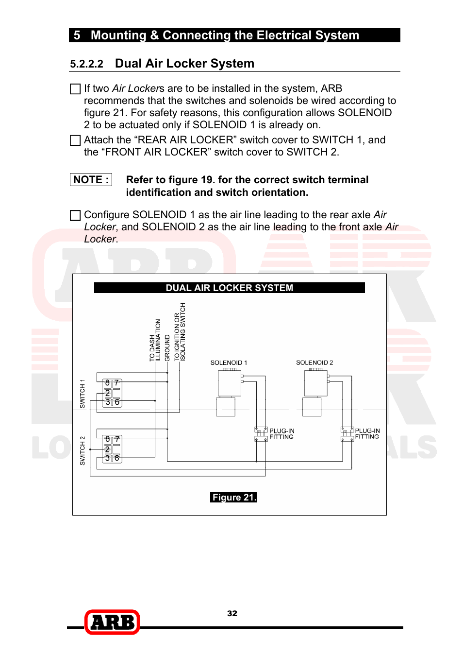 5 mounting & connecting the electrical system, Dual air locker system | ARB RD153 User Manual | Page 34 / 40