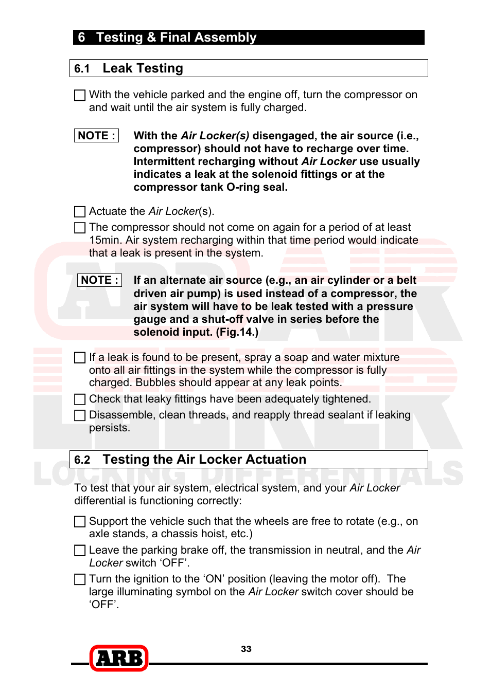 6 testing & final assembly, Leak testing, Testing the air locker actuation | ARB RD153 User Manual | Page 35 / 40