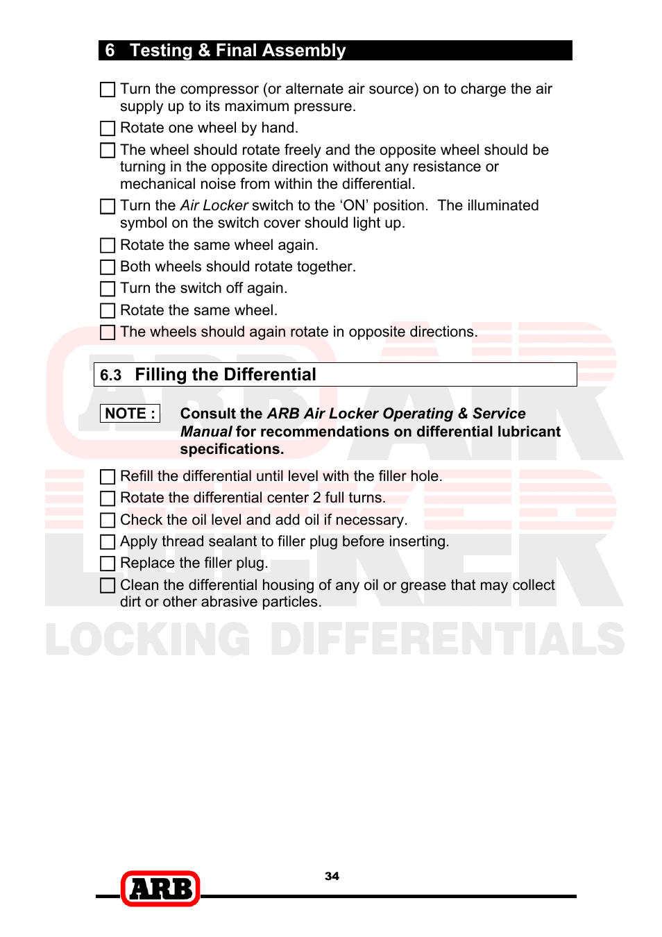 6 testing & final assembly, Filling the differential | ARB RD153 User Manual | Page 36 / 40