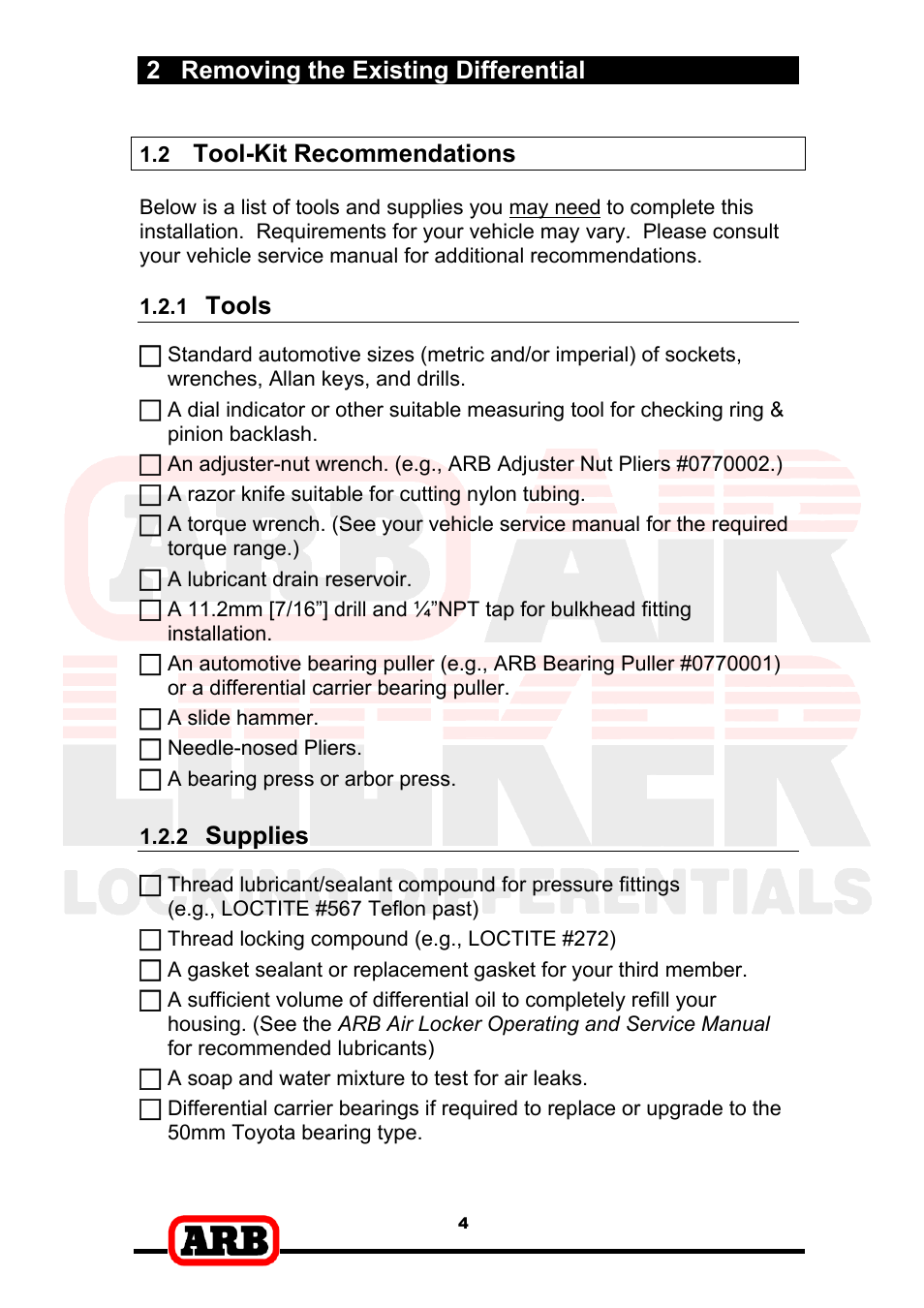 2 removing the existing differential, Tool-kit recommendations, Tools | Supplies | ARB RD153 User Manual | Page 6 / 40