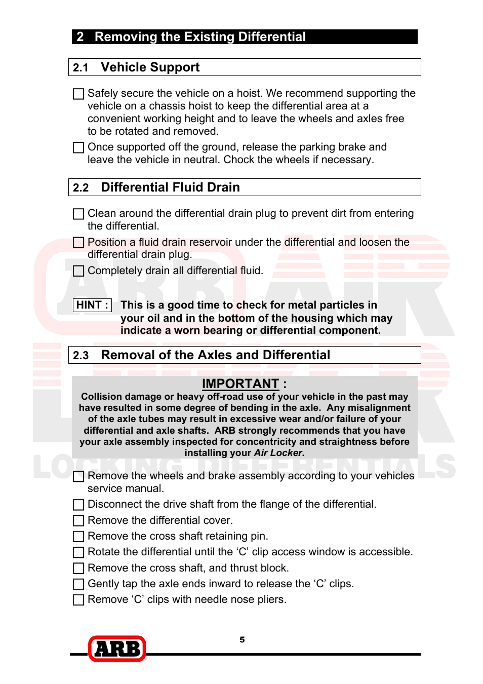 2 removing the existing differential, Vehicle support, Differential fluid drain | Removal of the axles and differential, Important | ARB RD153 User Manual | Page 7 / 40