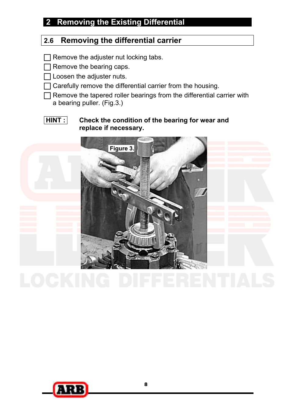 2 removing the existing differential, Removing the differential carrier | ARB RD139 User Manual | Page 10 / 36