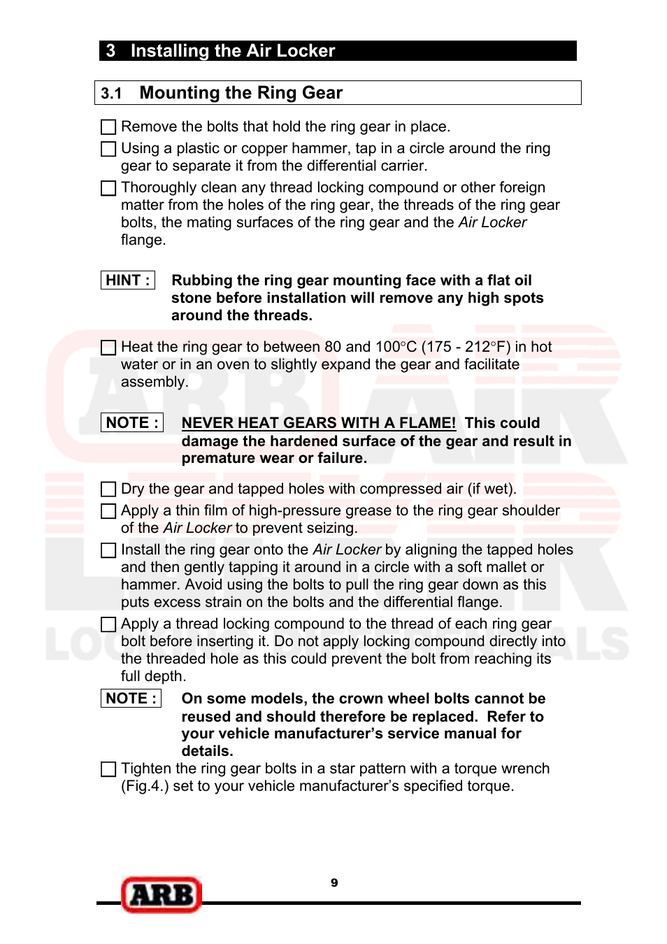3 installing the air locker, Mounting the ring gear | ARB RD139 User Manual | Page 11 / 36