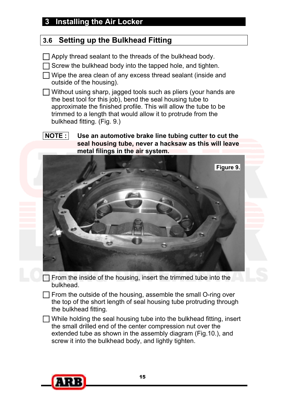 3 installing the air locker, Setting up the bulkhead fitting | ARB RD139 User Manual | Page 17 / 36