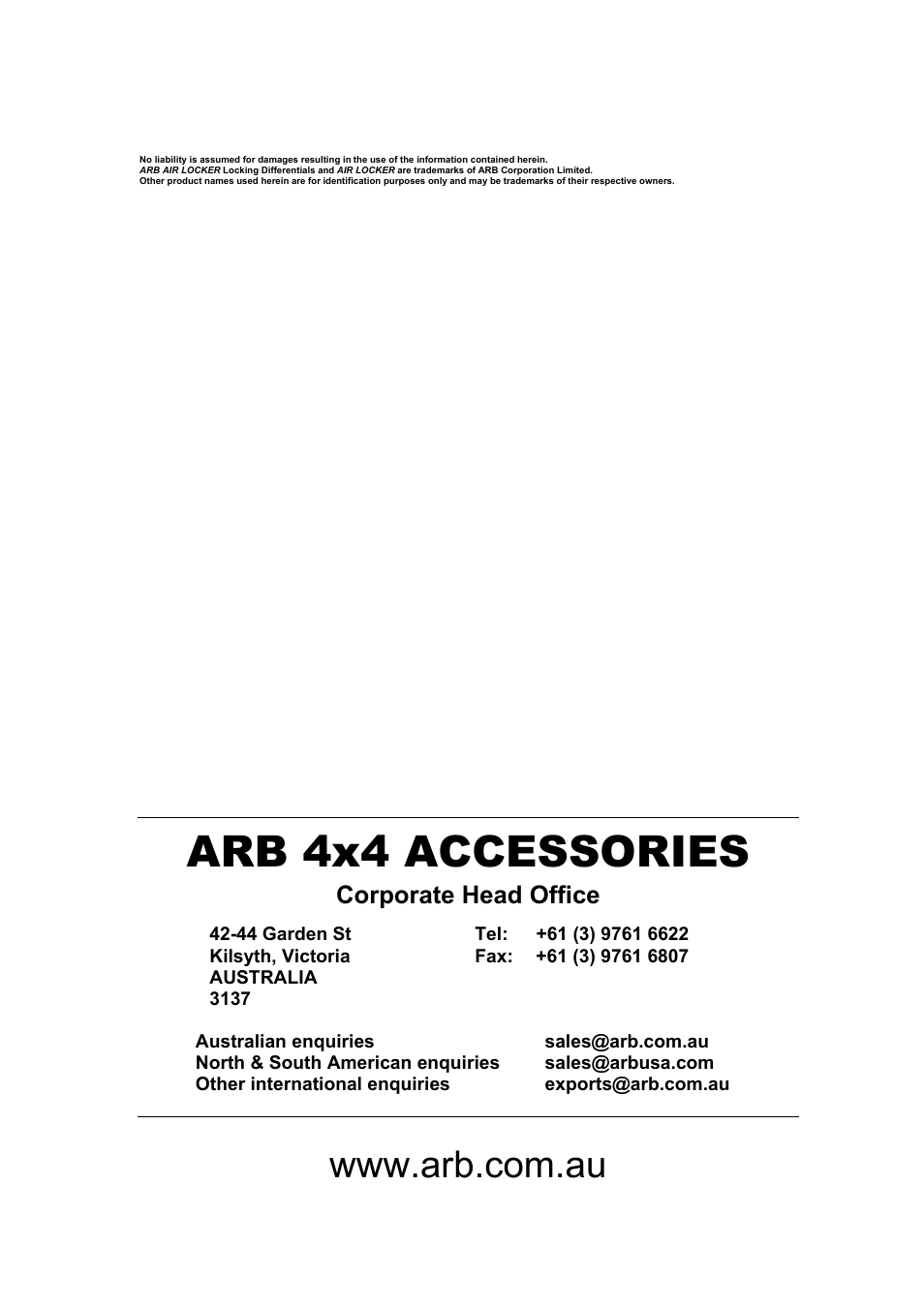 Arb 4x4 accessories, Corporate head office | ARB RD139 User Manual | Page 2 / 36
