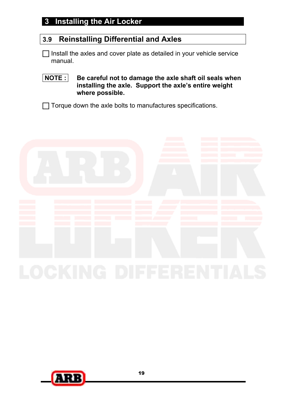 3 installing the air locker, Reinstalling differential and axles | ARB RD139 User Manual | Page 21 / 36