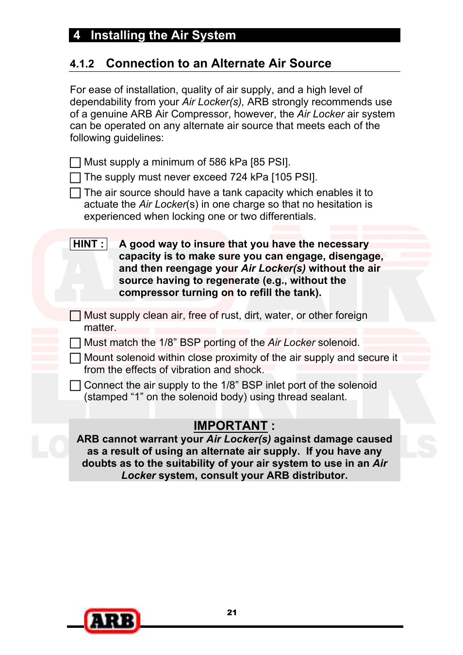4 installing the air system, Connection to an alternate air source, Important | ARB RD139 User Manual | Page 23 / 36
