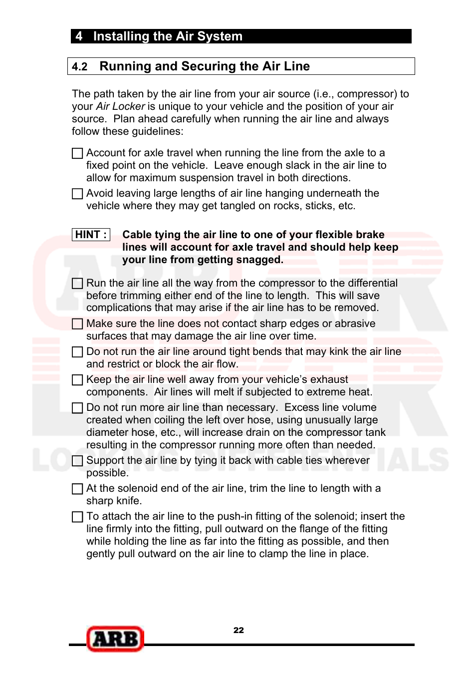 4 installing the air system, Running and securing the air line | ARB RD139 User Manual | Page 24 / 36